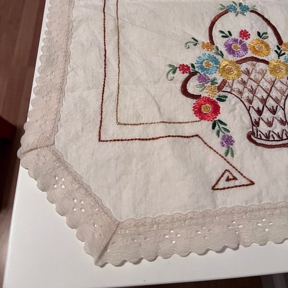 Vintage Hand Embroidered Table Runner Basket of Flowers Design - Picture 7 of 9